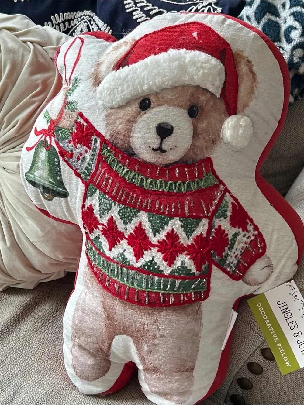 NWT! Vintage Inspired Christmas Holiday Teddy Bear Throw Pillow Beaded Sweater